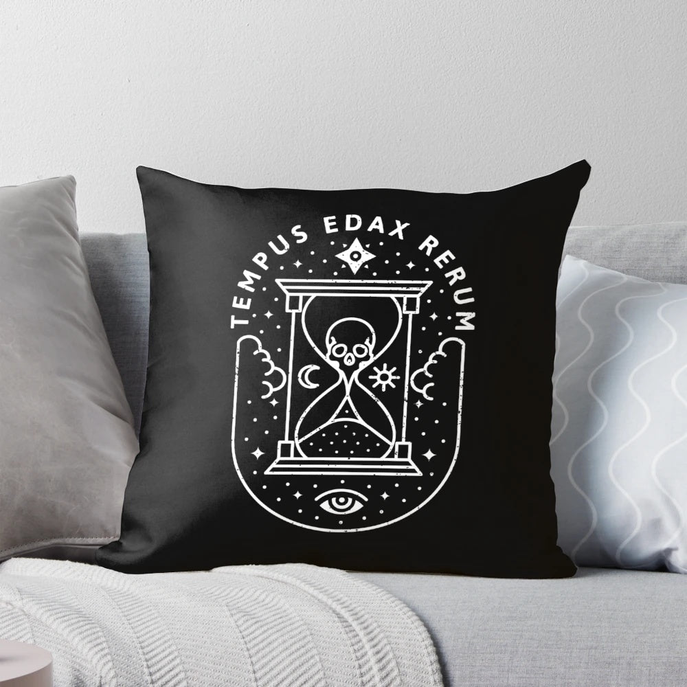 White pillow with a timeless hourglass and quote design, perfect for bedrooms and home decor.