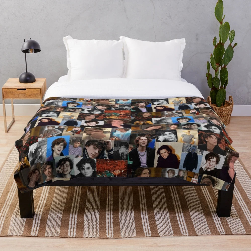 Timothee Chalamet inspired plush blanket with collage design
