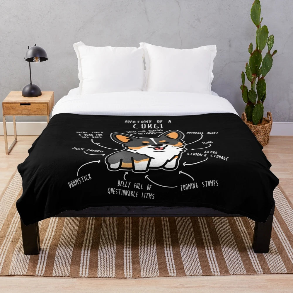 Tri-color corgi dog anatomy plush blanket