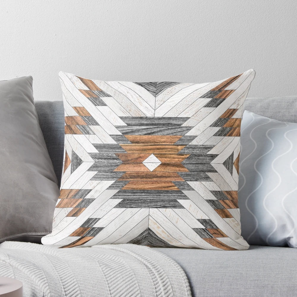 Tribal Aztec wood throw pillow with a modern, graphic design in a boho, bohemian style.