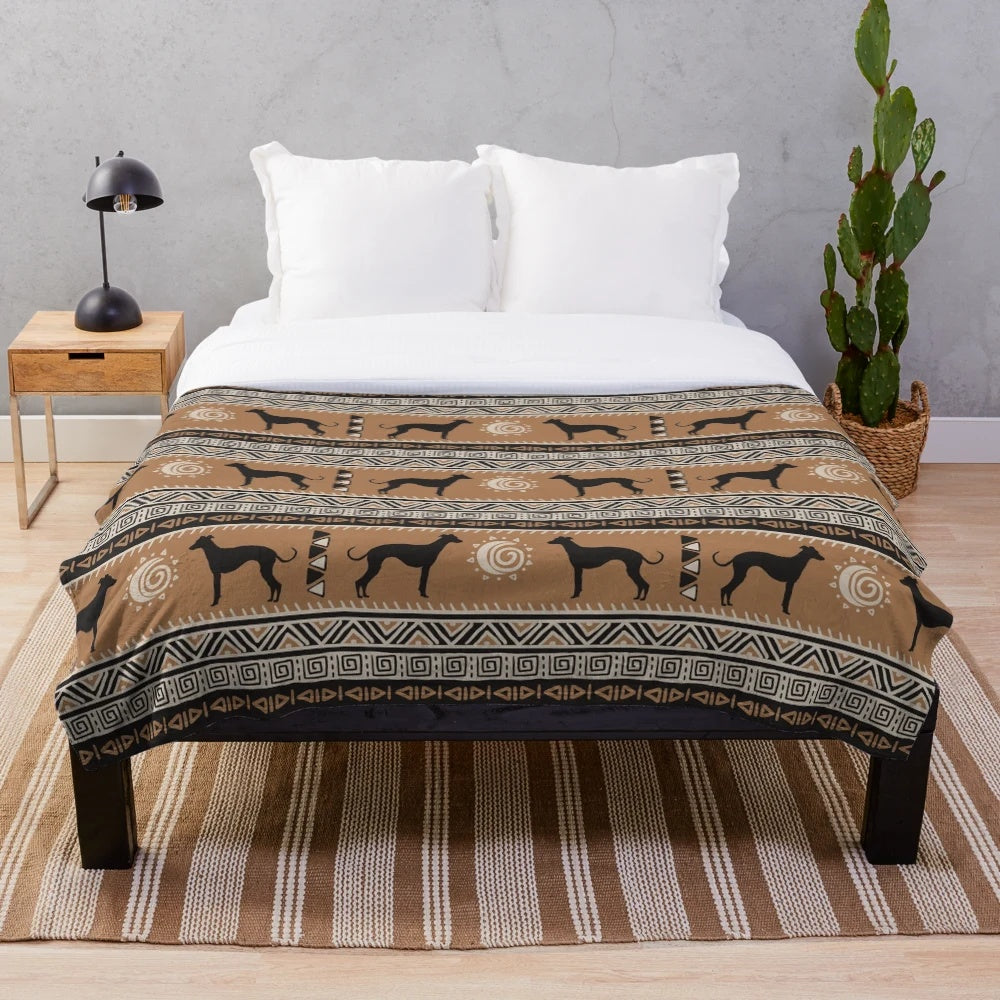 Whippet and Greyhound plush blanket with ancient tribal inspired design