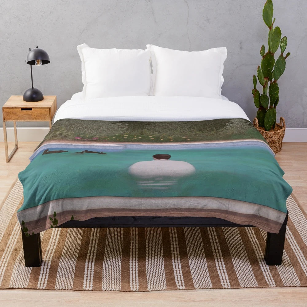 A plush blanket featuring imagery of Tony Soprano and his ducks from the popular TV series 'The Sopranos