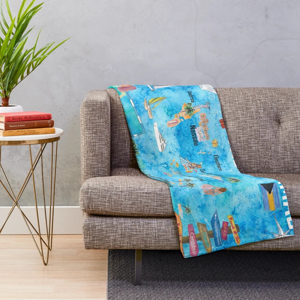 Tropical Bahamas Illustrated Map Plush Blanket