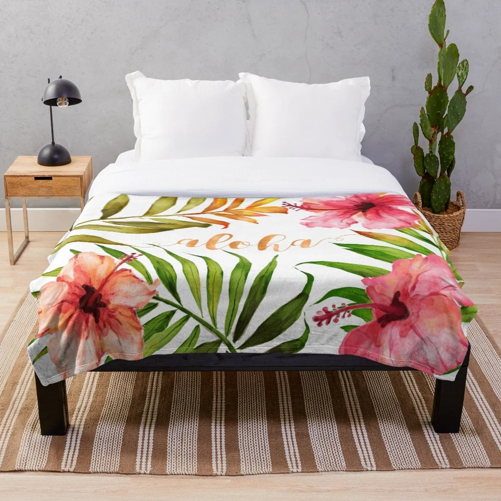 Tropical floral watercolor plush blanket with palm leaves and aloha text