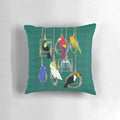 Vibrant tropical-inspired pillow with parrots, toucans, and other colorful birds