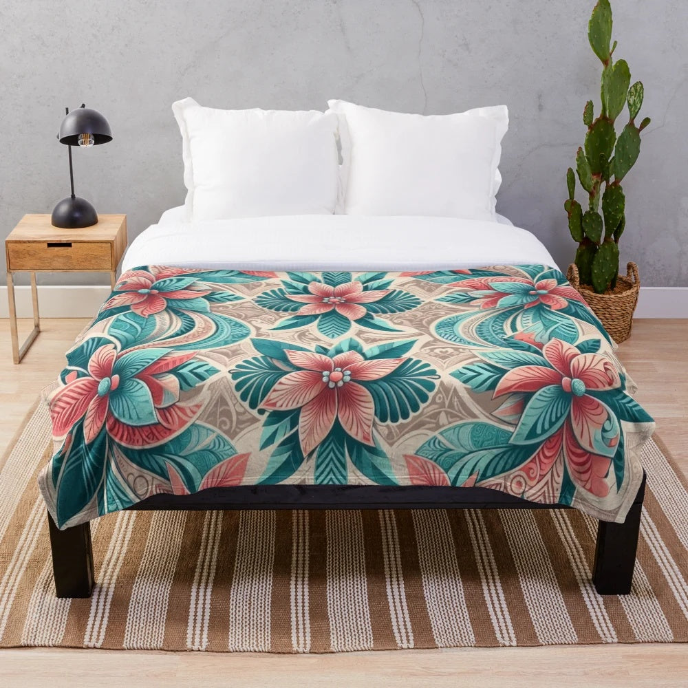 Coral and teal island blooms plush blanket with polynesian art and tropical floral pattern