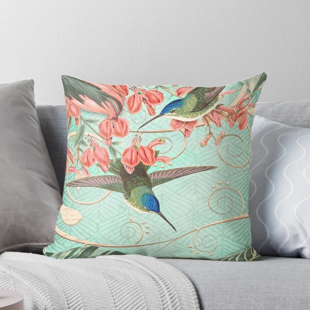 Tropical mint and coral colored collage print throw pillow with vintage inspired floral and spiral patterns