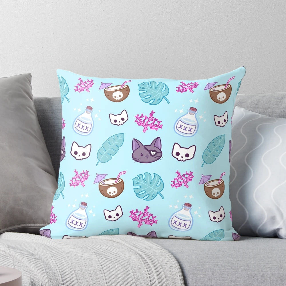 Turquoise Pirate Cat Pillow with Tropical Leaves and Skull Motif