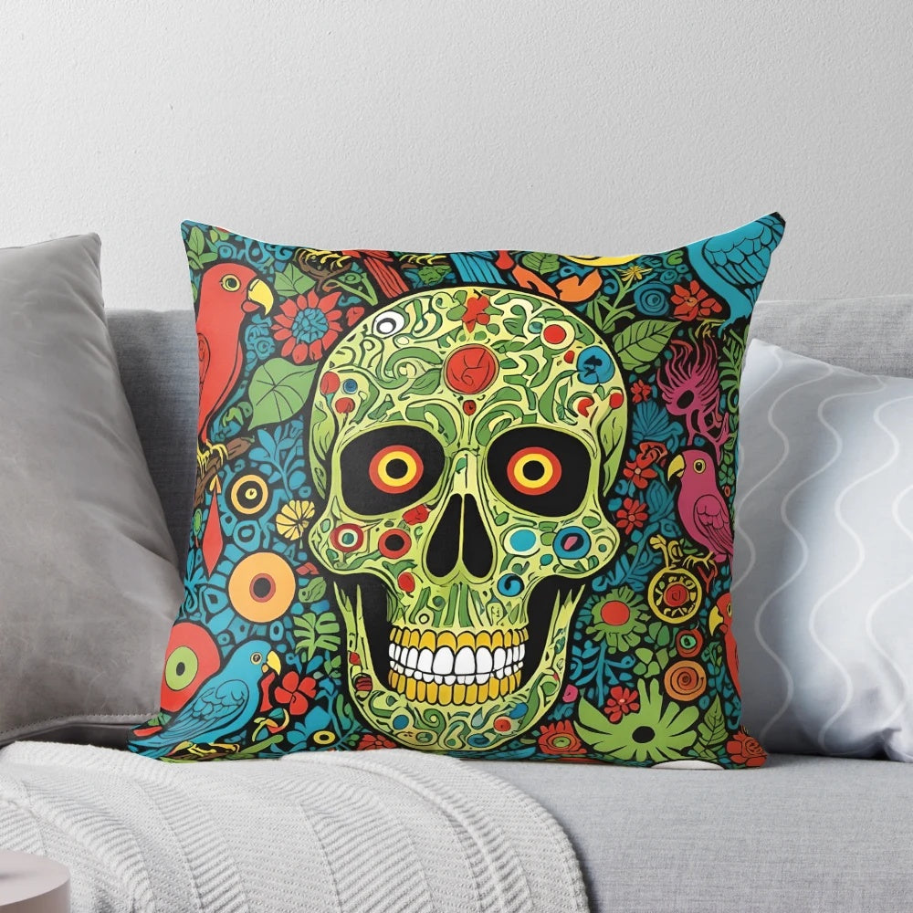 Vibrant tropical skull and parrot design pillow with abstract surrealist and floral elements.