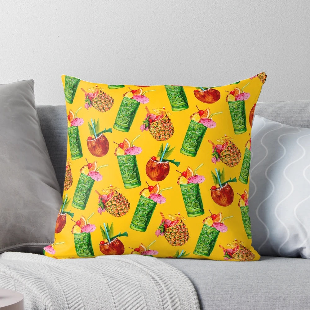 Vibrant yellow throw pillow with a retro tiki cocktail pattern, perfect for tropical home decor and Hawaii vacation style.