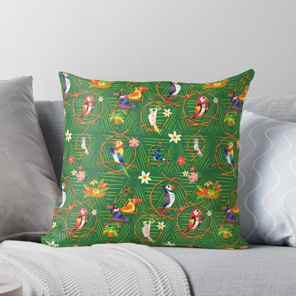 Colorful tropical tiki-themed pillow with Disney-inspired design