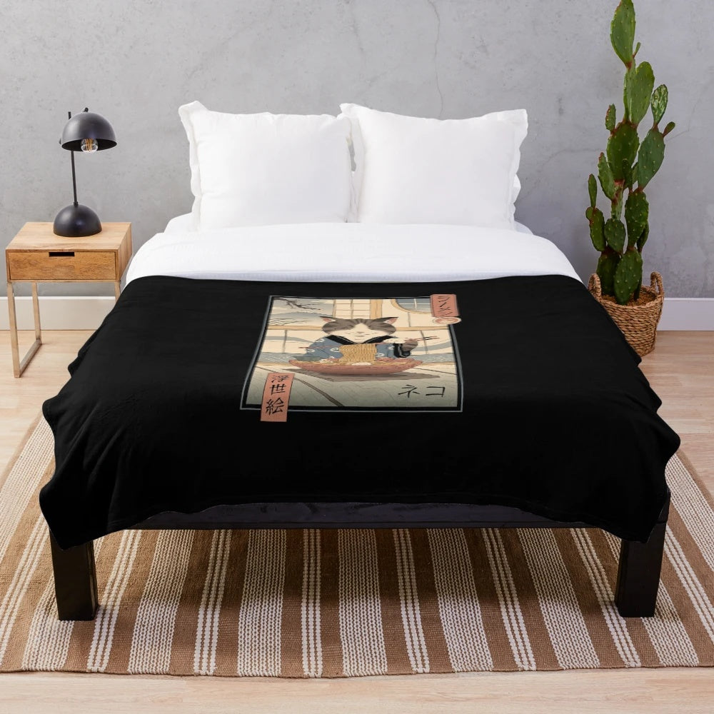 Ukiyo-e inspired ramen cat plush blanket