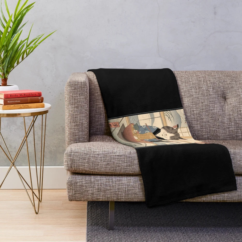 Ukiyo-e inspired ramen cat plush blanket