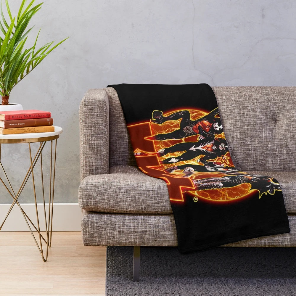 KISS band members plush blanket featuring Demon, Spaceman, Starchild, and Catman