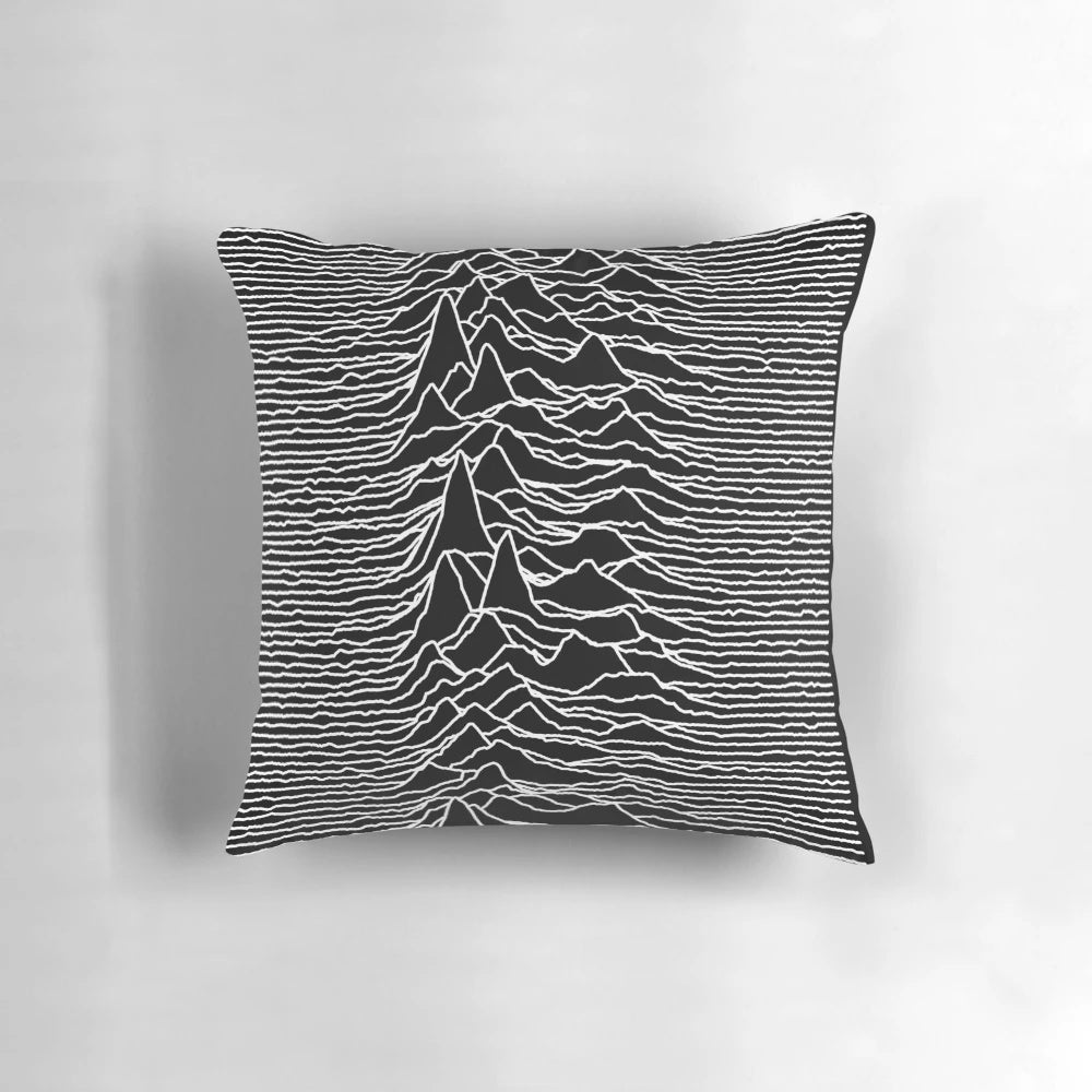 Pillow featuring the iconic album cover art for the 1979 album "Unknown Pleasures" by the alternative band