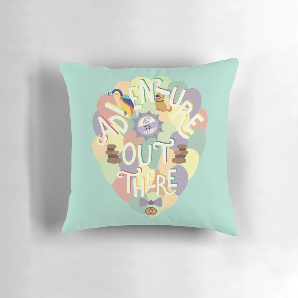 Up Disney Pixar Adventure is Out There Vintage Throw Pillow with Balloons and Lettering