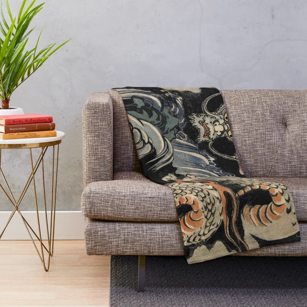 Utagawa Kuniyoshi inspired dragons plush blanket featuring mythical Japanese artwork