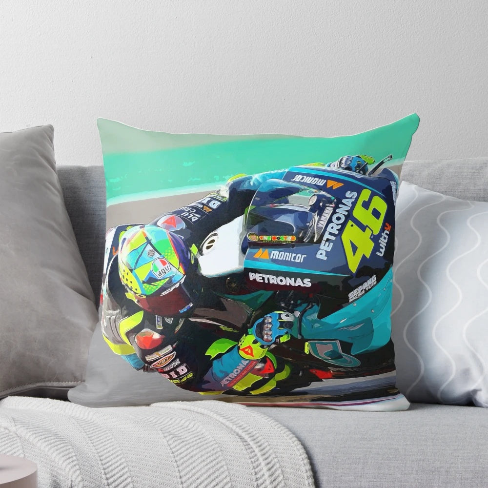 Watercolor illustration of Valentino Rossi racing his 2021 MotoGP motorcycle at the Qatar circuit.