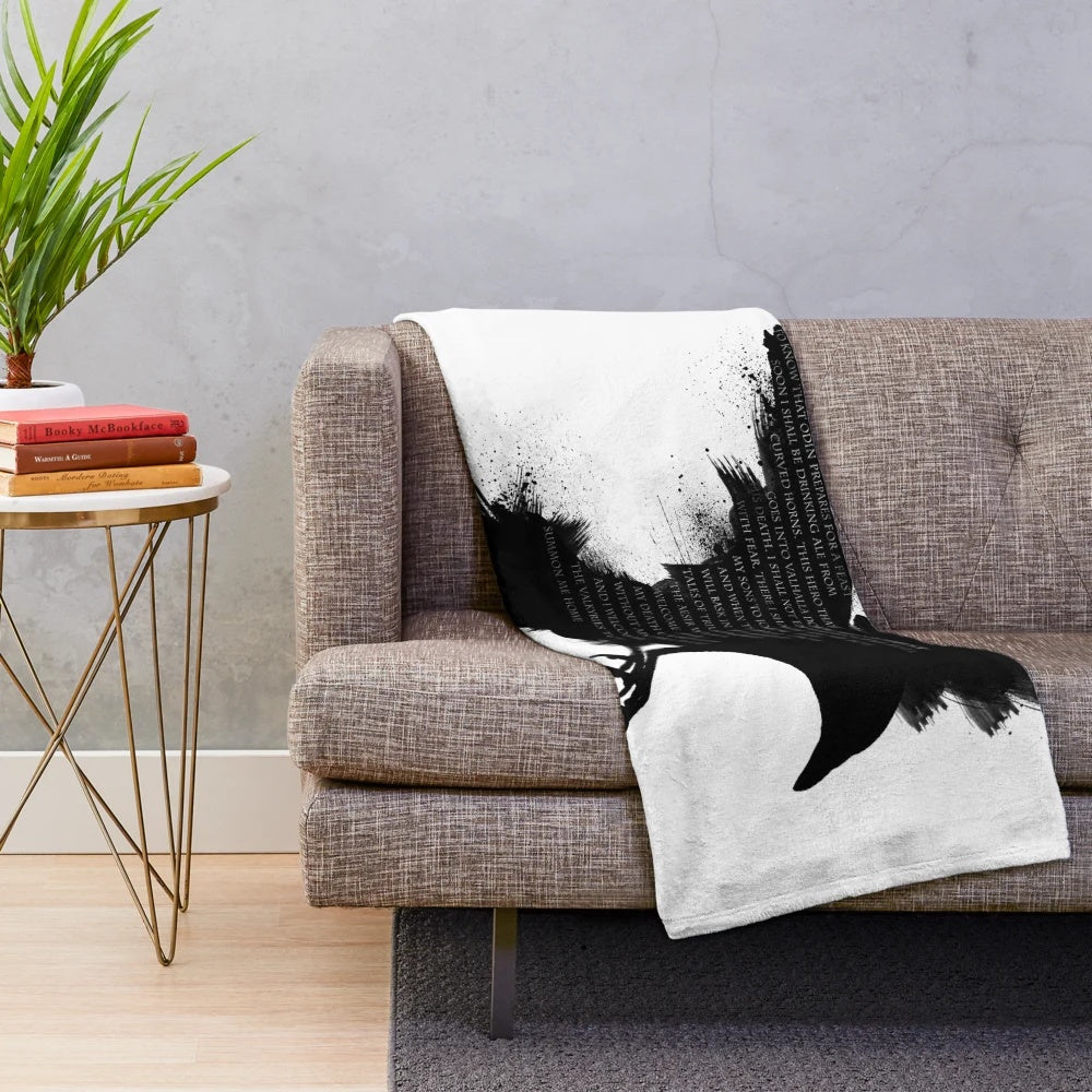 Valkyrie-inspired plush blanket featuring a crow and raven design with a Norse typography quote