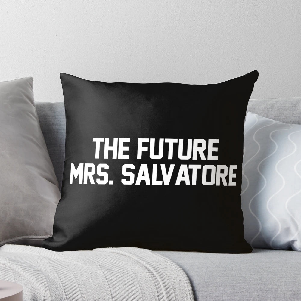 The Future Mrs. Salvatore white pillow, featuring the Salvatore brothers from The Vampire Diaries TV show
