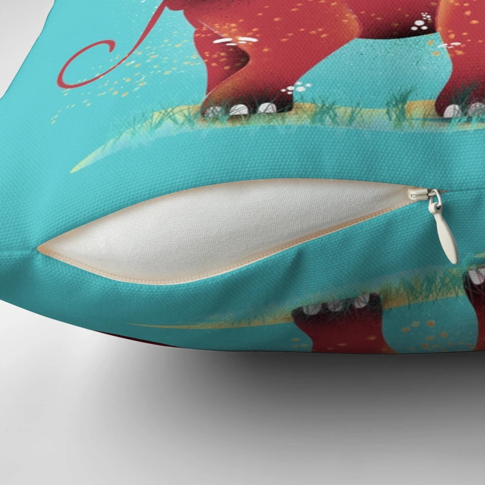 Vibrant, surreal illustration of a colorful ride on a "A Colorful Ride" decorative pillow