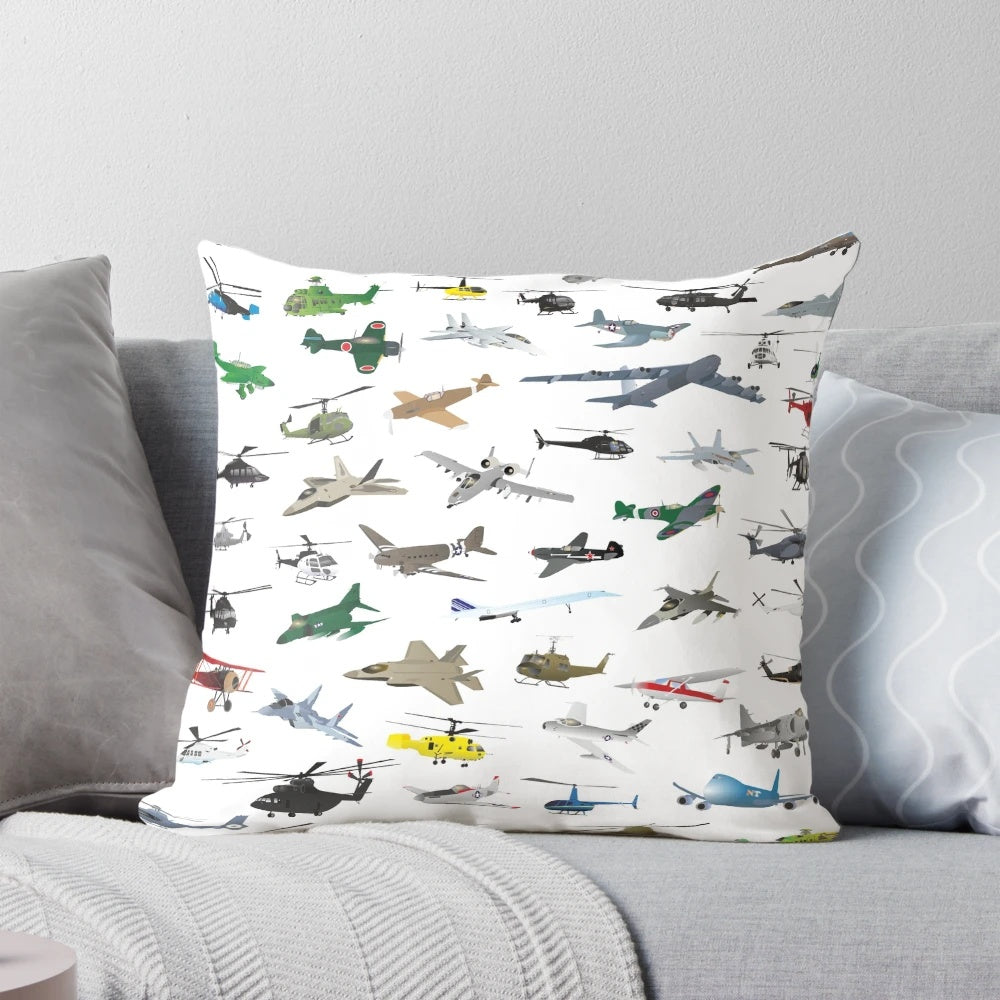 Colorful pillow featuring a diverse pattern of airplanes, helicopters, and military aircraft.