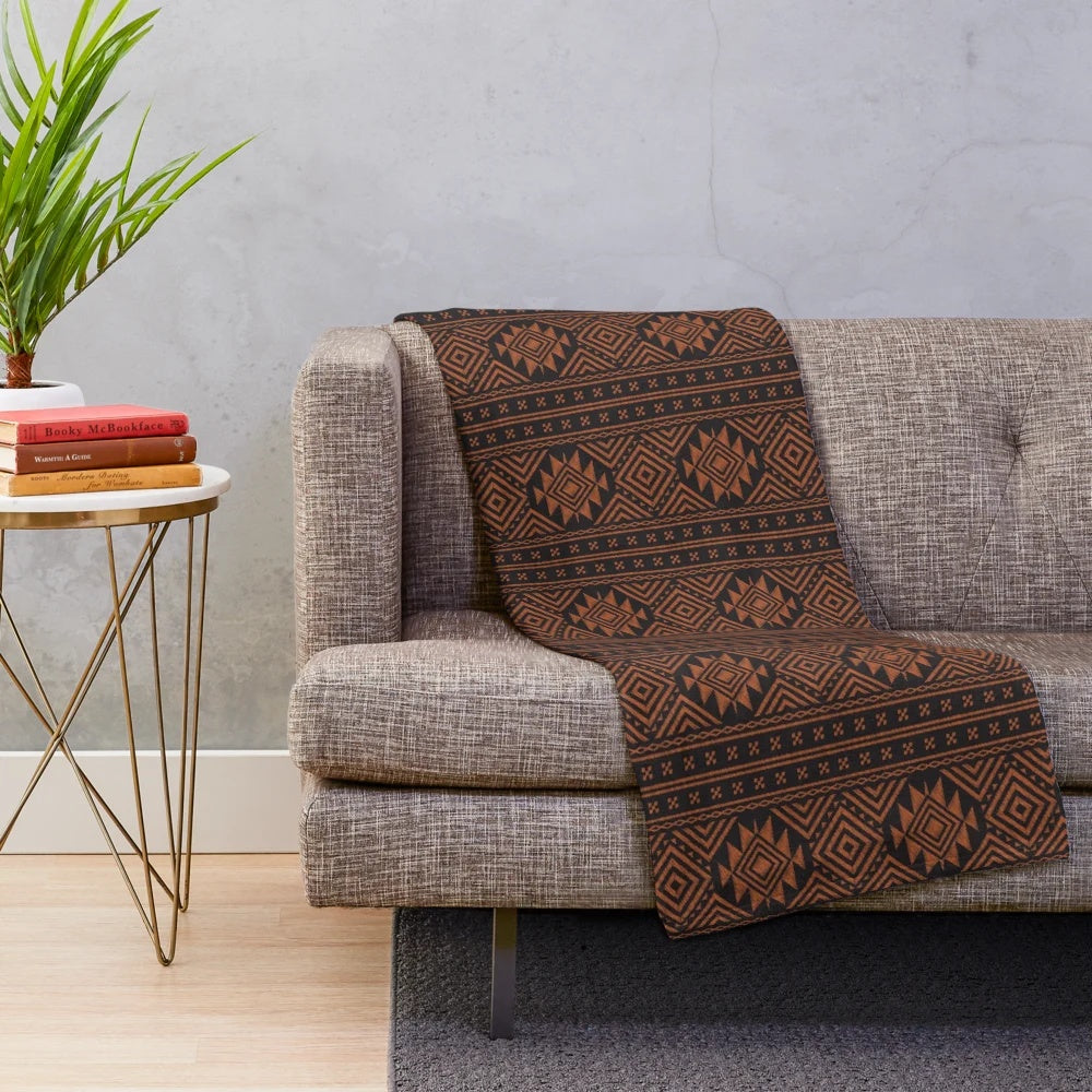 Ekai orange and black African tribal pattern plush blanket with bohemian geometric mudcloth design