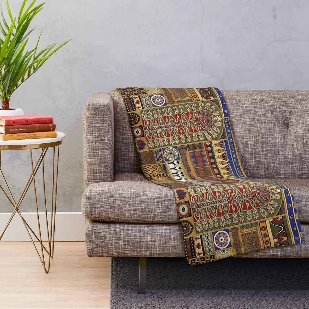 Ancient Assyrian art inspired plush blanket with intricate patterns and cultural designs