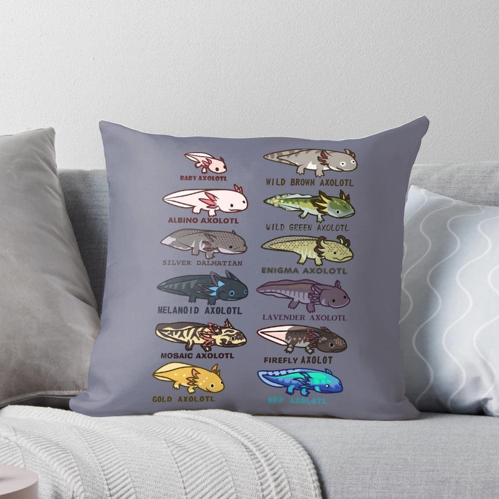 Colorful pillow featuring different axolotl morphs and color variations