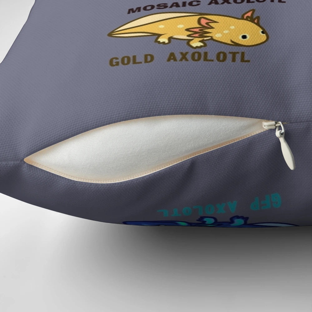 Colorful pillow featuring different axolotl morphs and color variations