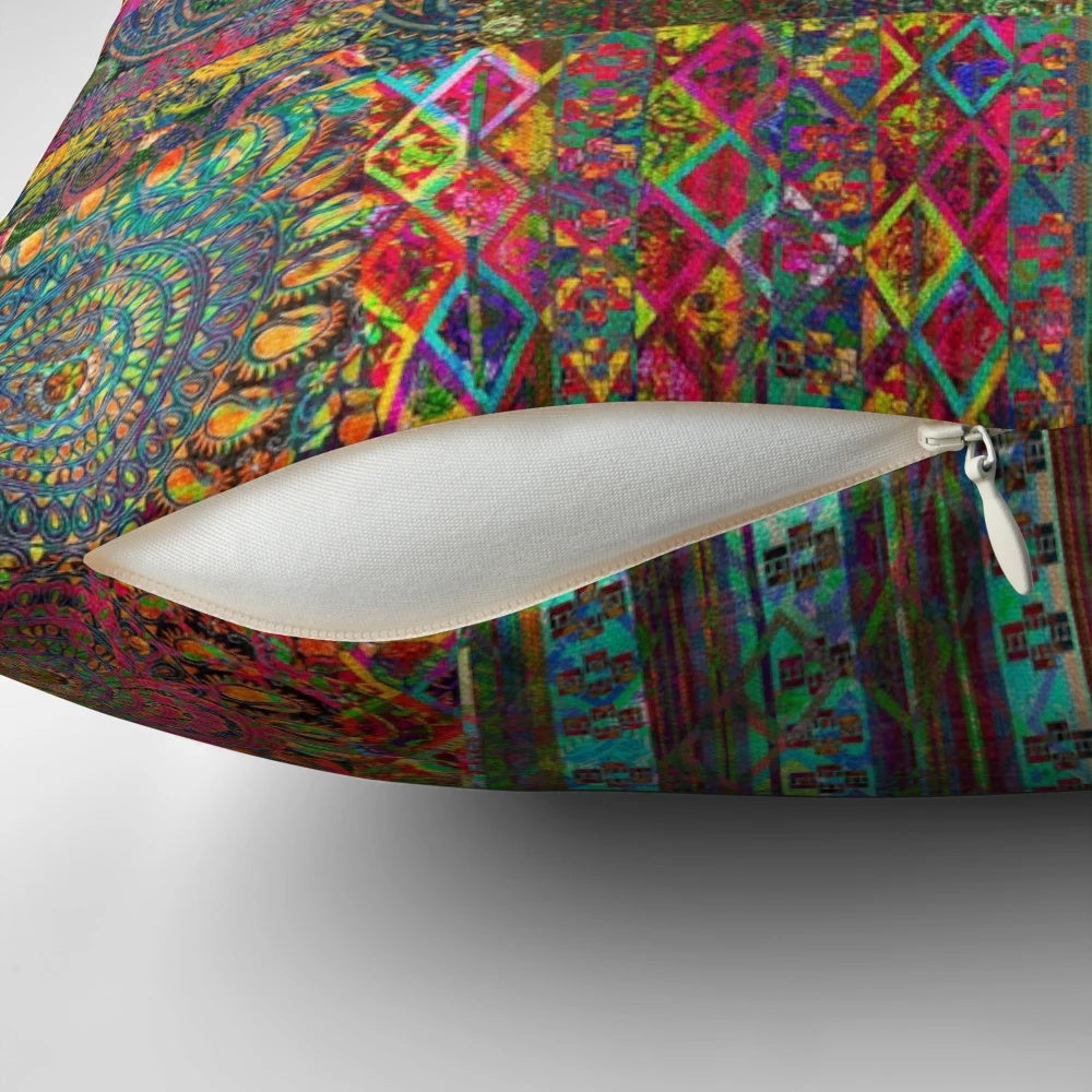 Colorful bohemian-style pillow with a vibrant, psychedelic pattern