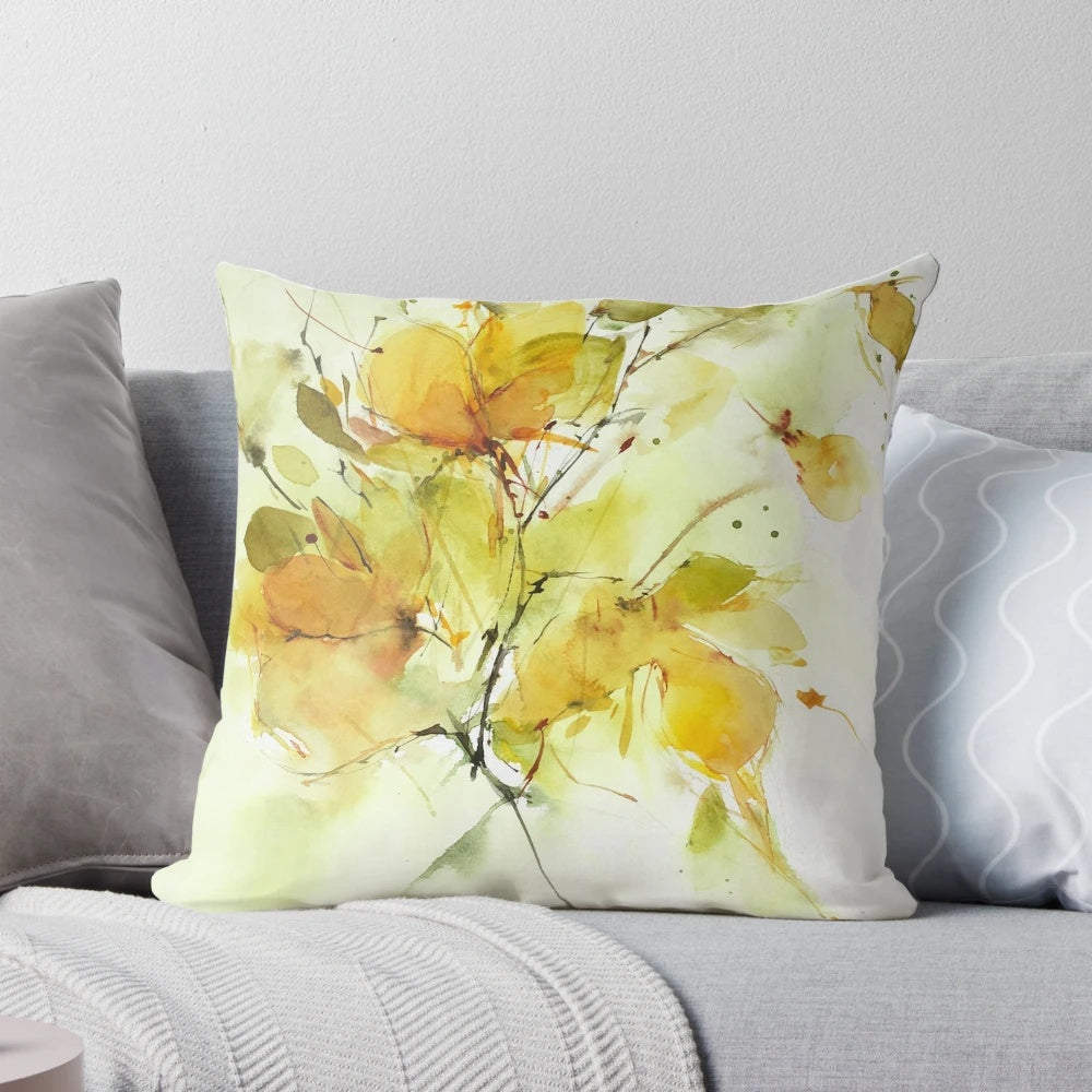 Vibrant yellow floral watercolor throw pillow with botanical design for home decor
