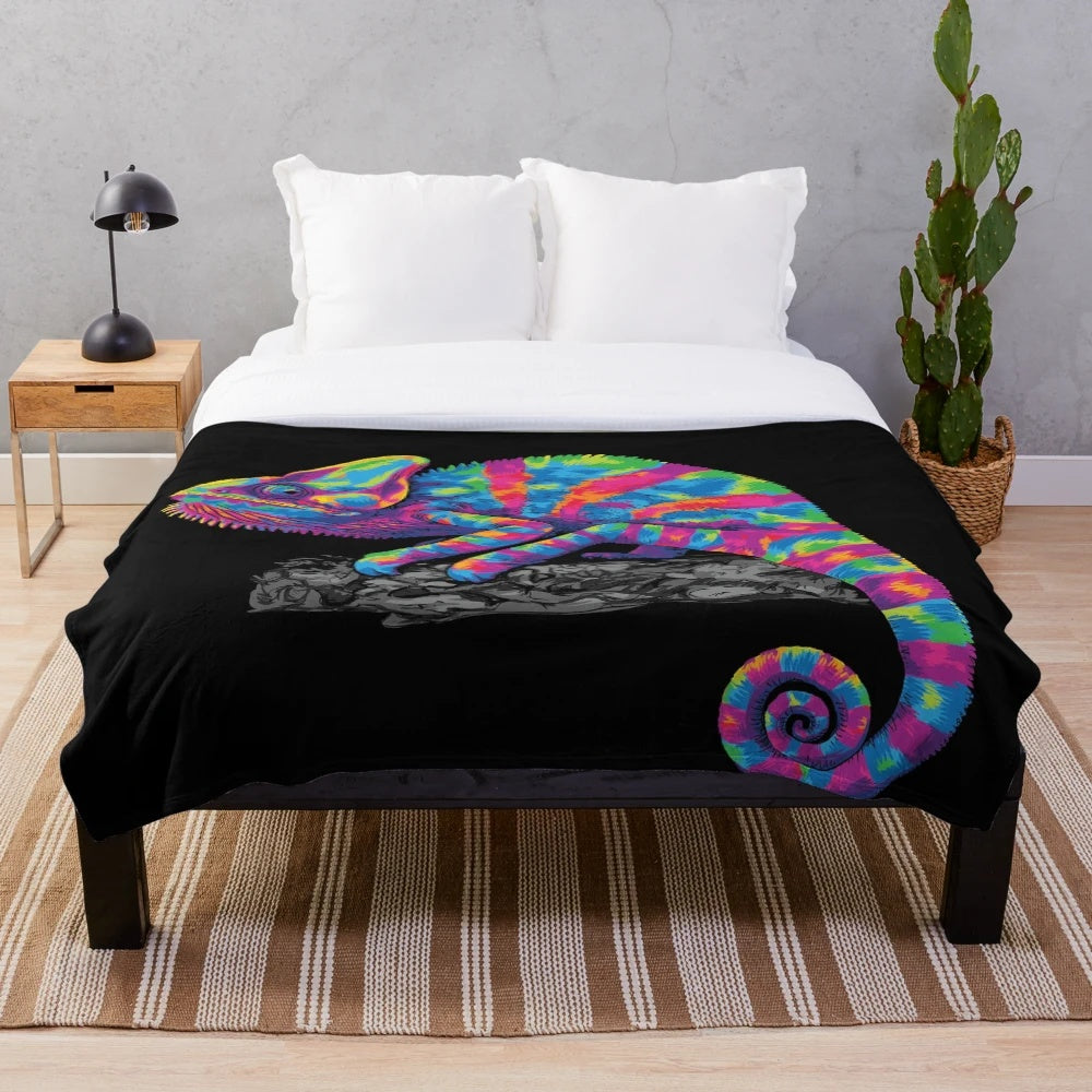 Colorful chameleon plush blanket with vibrant rainbow pattern