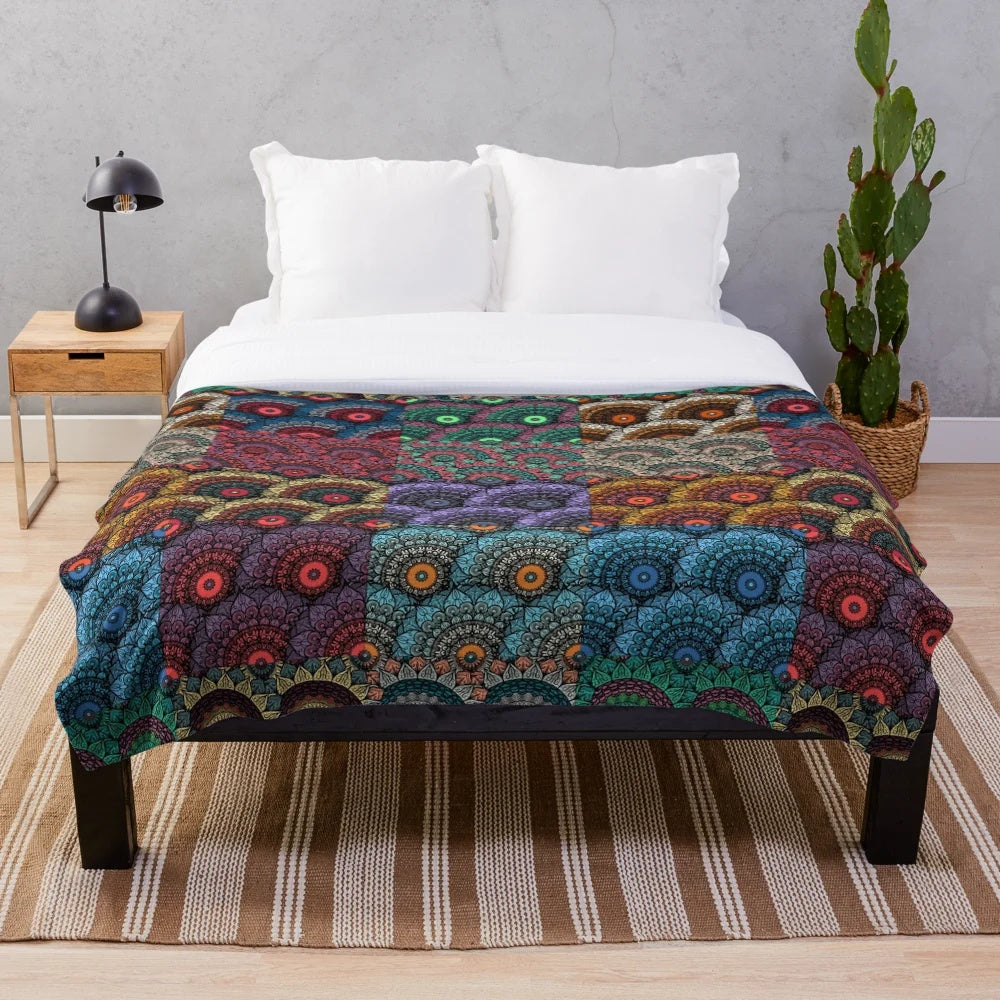 Colorful mandala florals pattern plush blanket for bohemian home decor