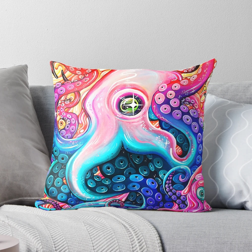 Vibrant, psychedelic octopus pillow with colorful tentacles and eyes
