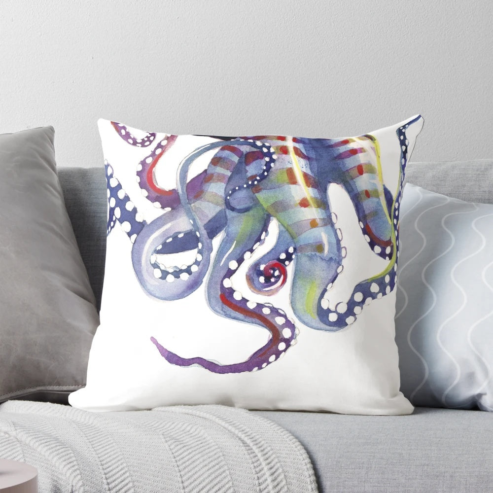 Vibrant watercolor octopus with rainbow tentacles adorning a plush throw pillow, perfect for coastal, nautical, and ocean-themed decor.