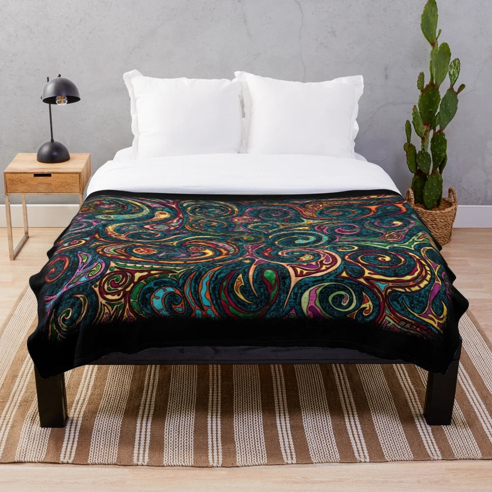 Colorful ethnic abstract painting plush blanket with bohemian tribal design