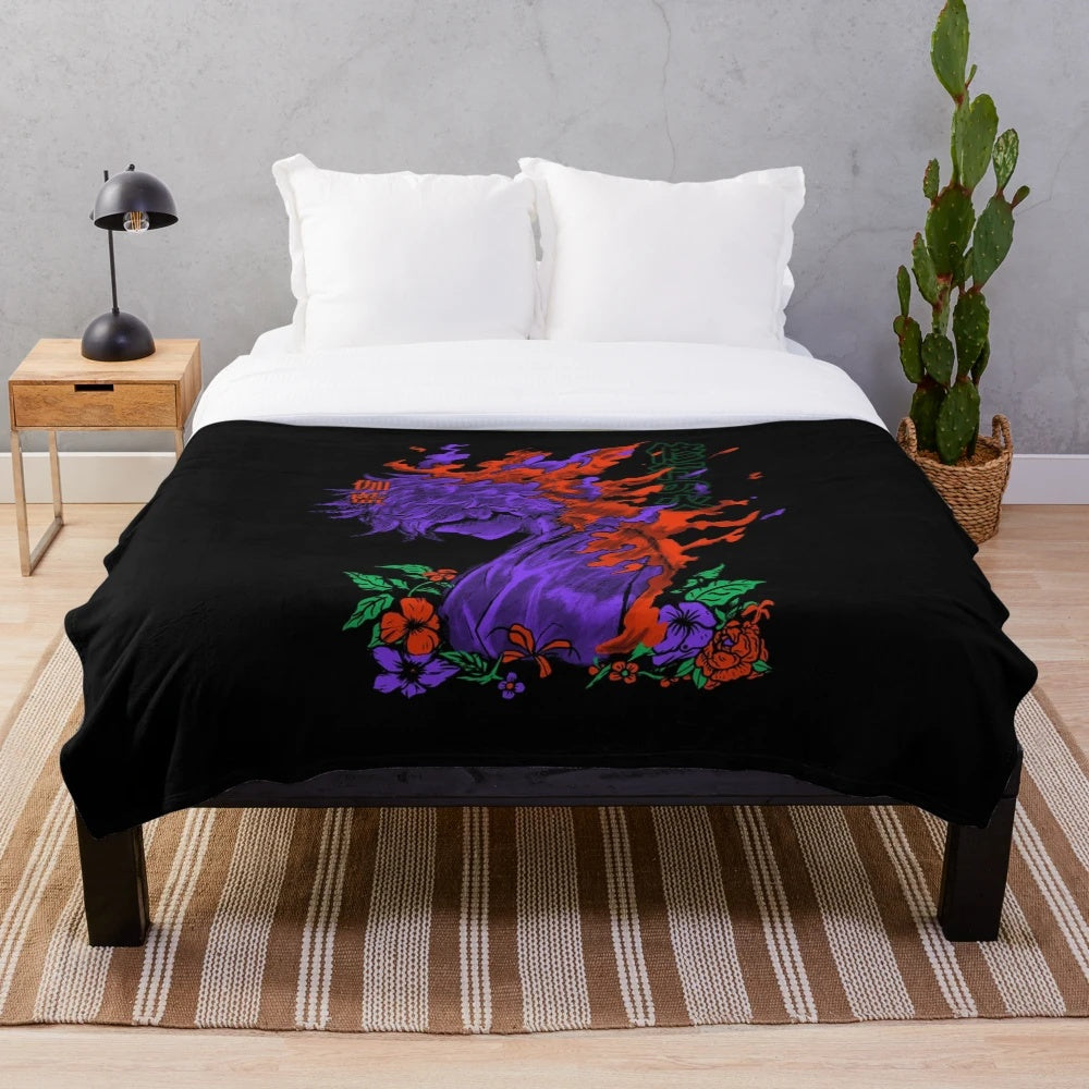 Fire Monk inspired plush blanket with Japanese art style and neon accents