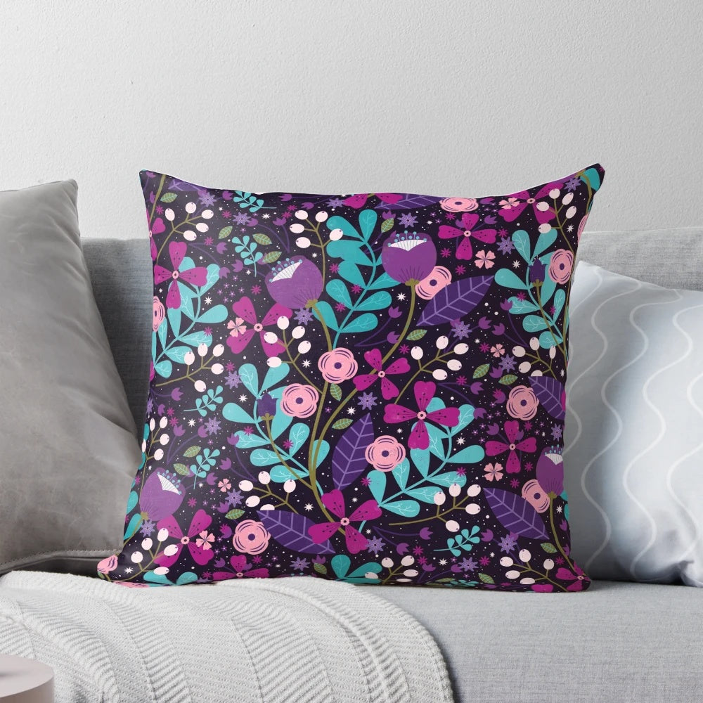 Starlight Blooms Pillow featuring a vibrant floral and botanical design with colorful leaves and blooms.