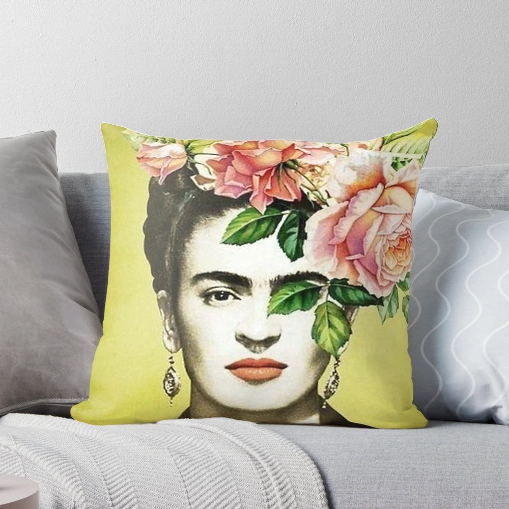 Colorful floral pillow featuring Frida Kahlo-inspired design