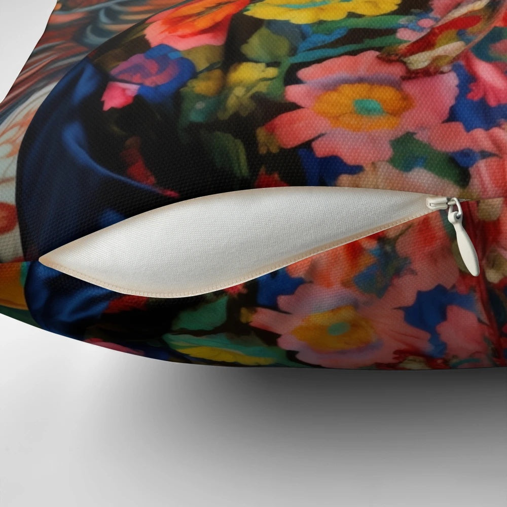 Colorful throw pillow featuring the iconic Frida Khalo portrait surrounded by a lush floral arrangement.