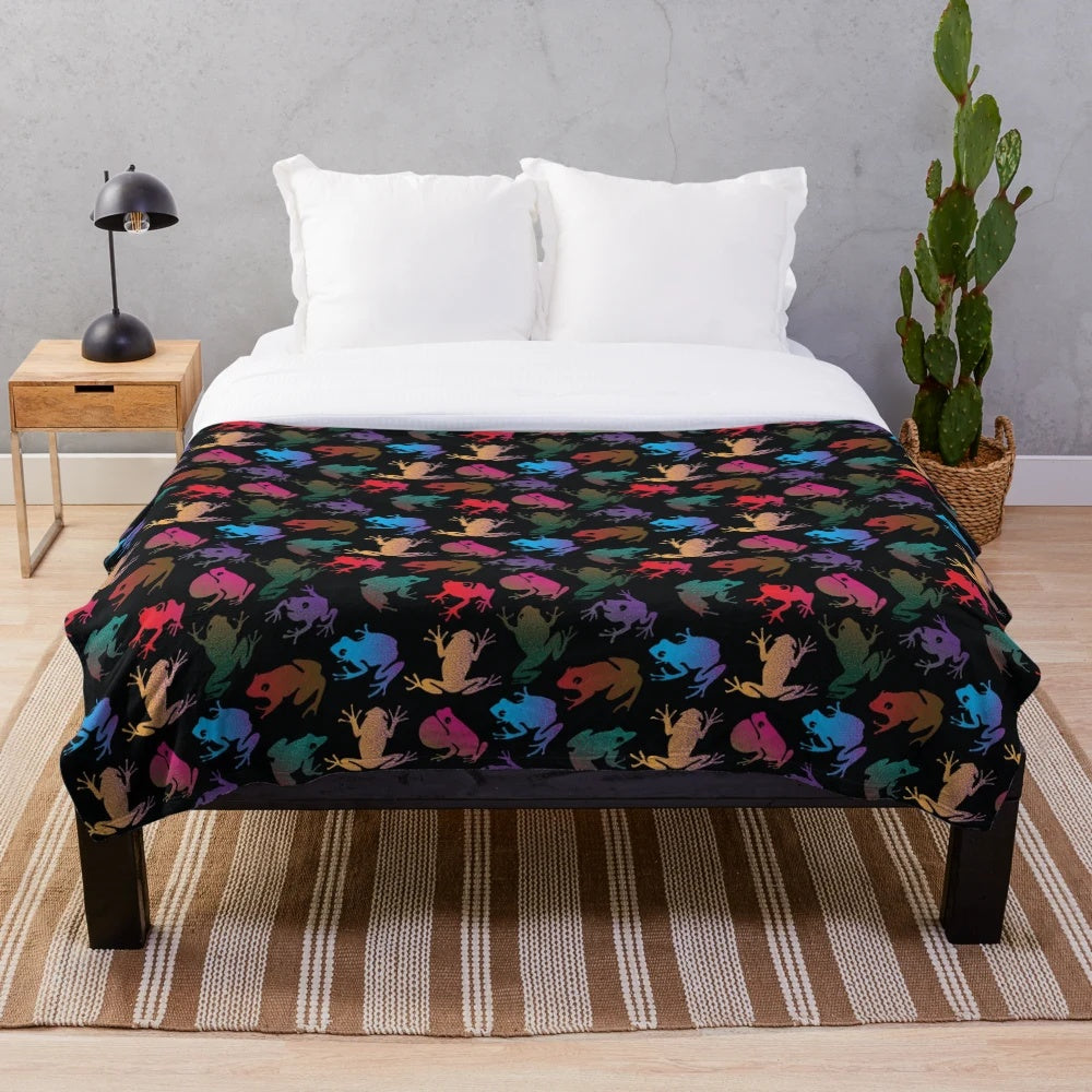 Colorful plush frog blanket with hand-drawn nature inspired pattern