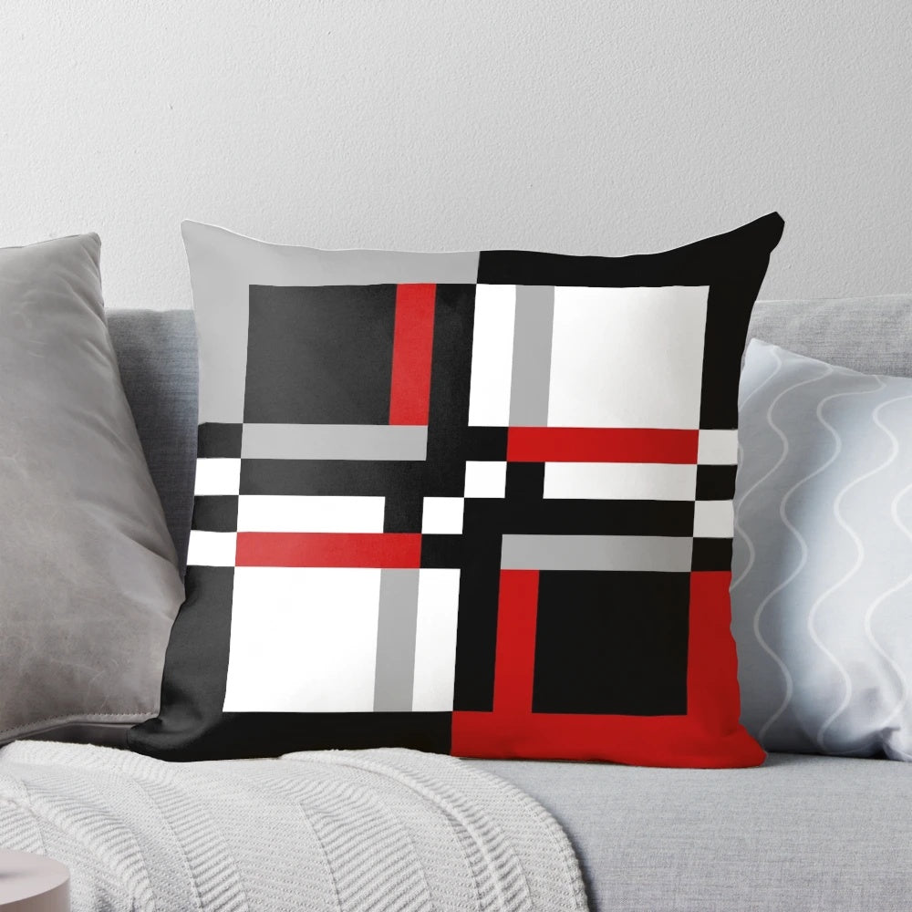Decorative geometric pattern pillow with abstract stripe and square design in colorful retro vintage style