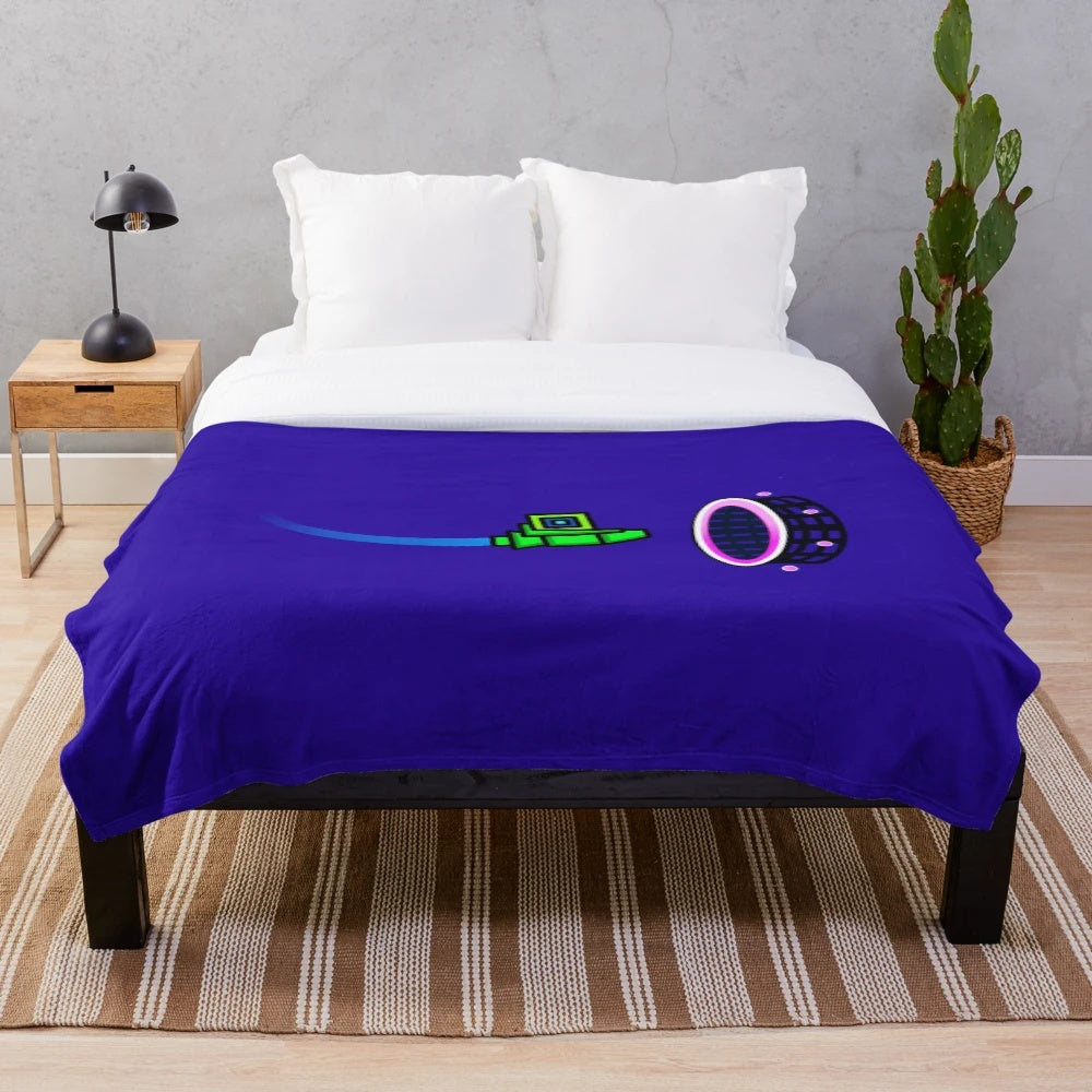 Geometry Dash-inspired plush blanket with geometric patterns and shapes