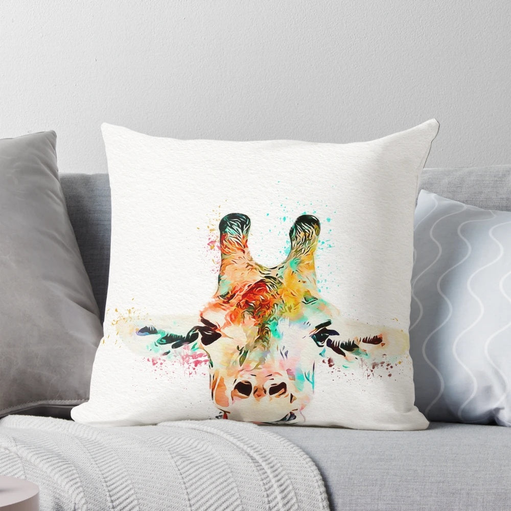 Colorful watercolor painting of a giraffe on a decorative throw pillow