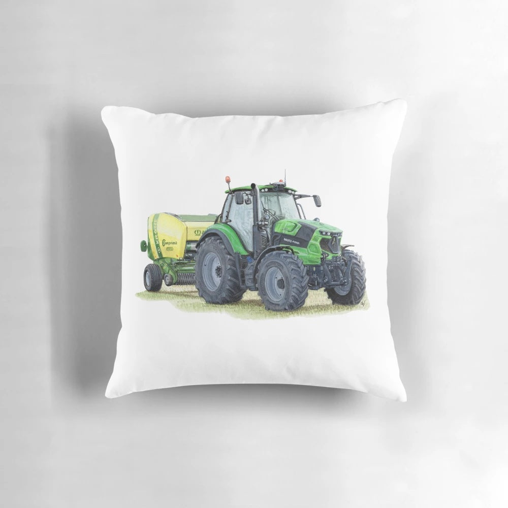 Painting of a green tractor on a Pillow POD product
