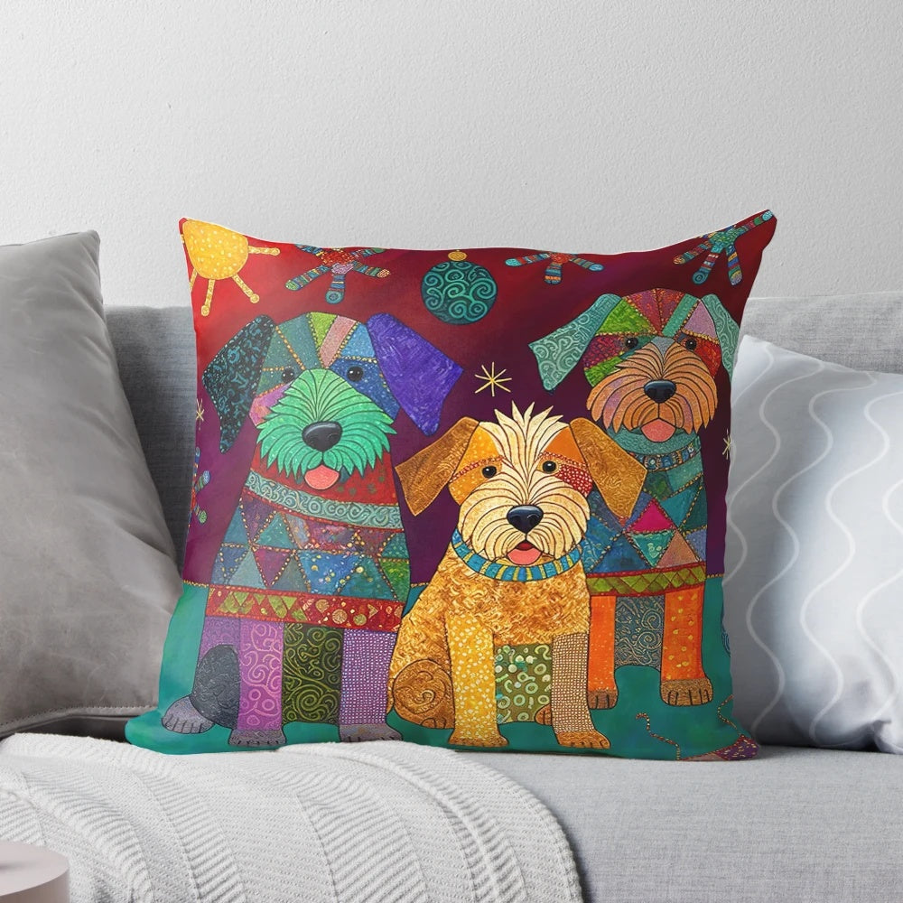 Vibrant, happy, and colorful dog-themed throw pillow with patchwork and embroidered design