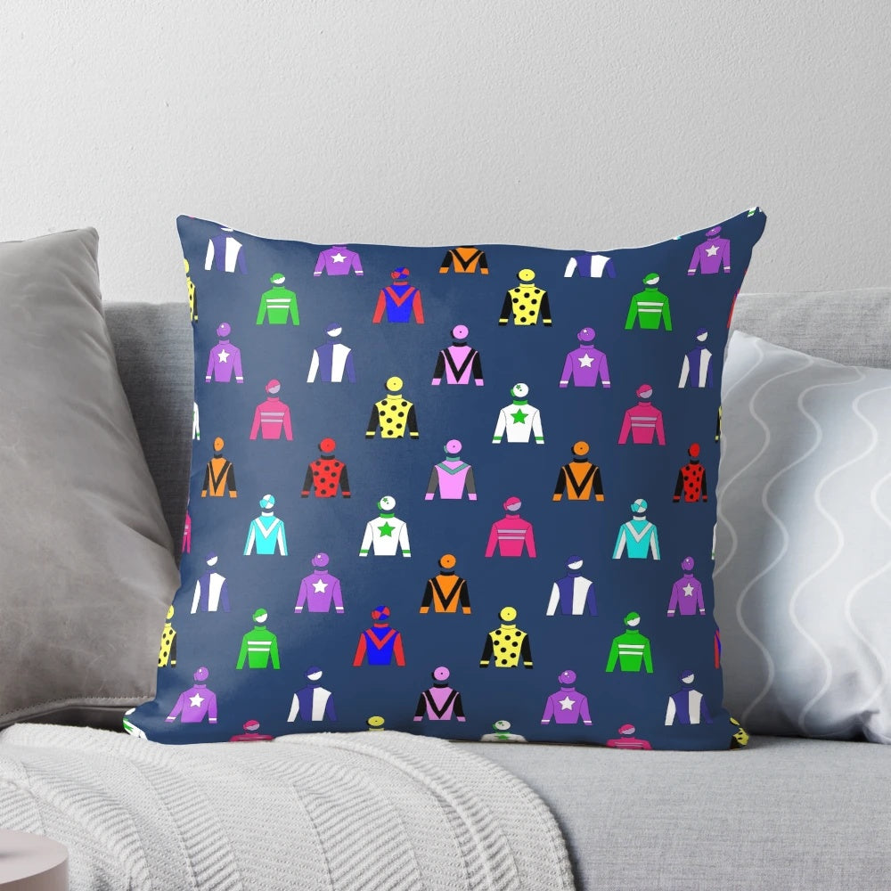 Colorful horse racing jockey silks pattern on a navy blue throw pillow
