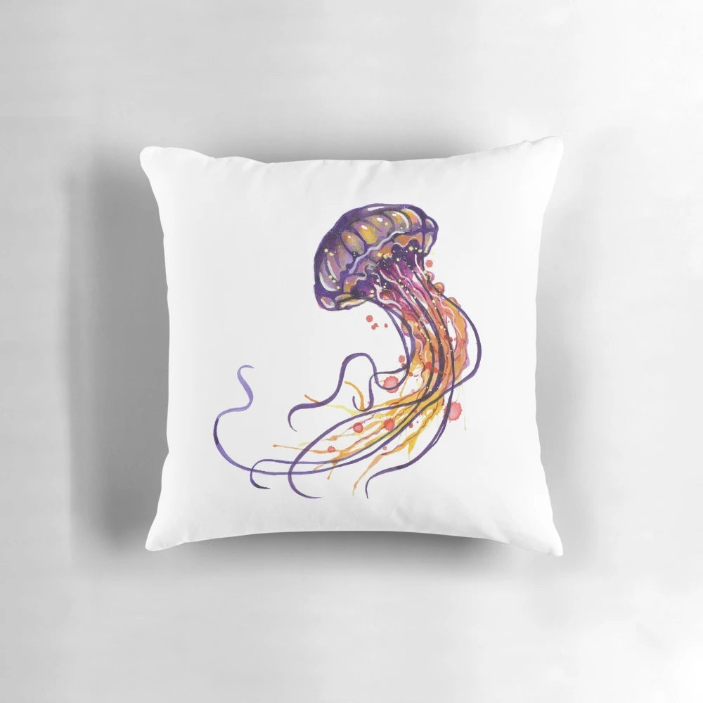 Gorgeous watercolor jellyfish design on a plush, high-quality pillow for your coastal-inspired home.