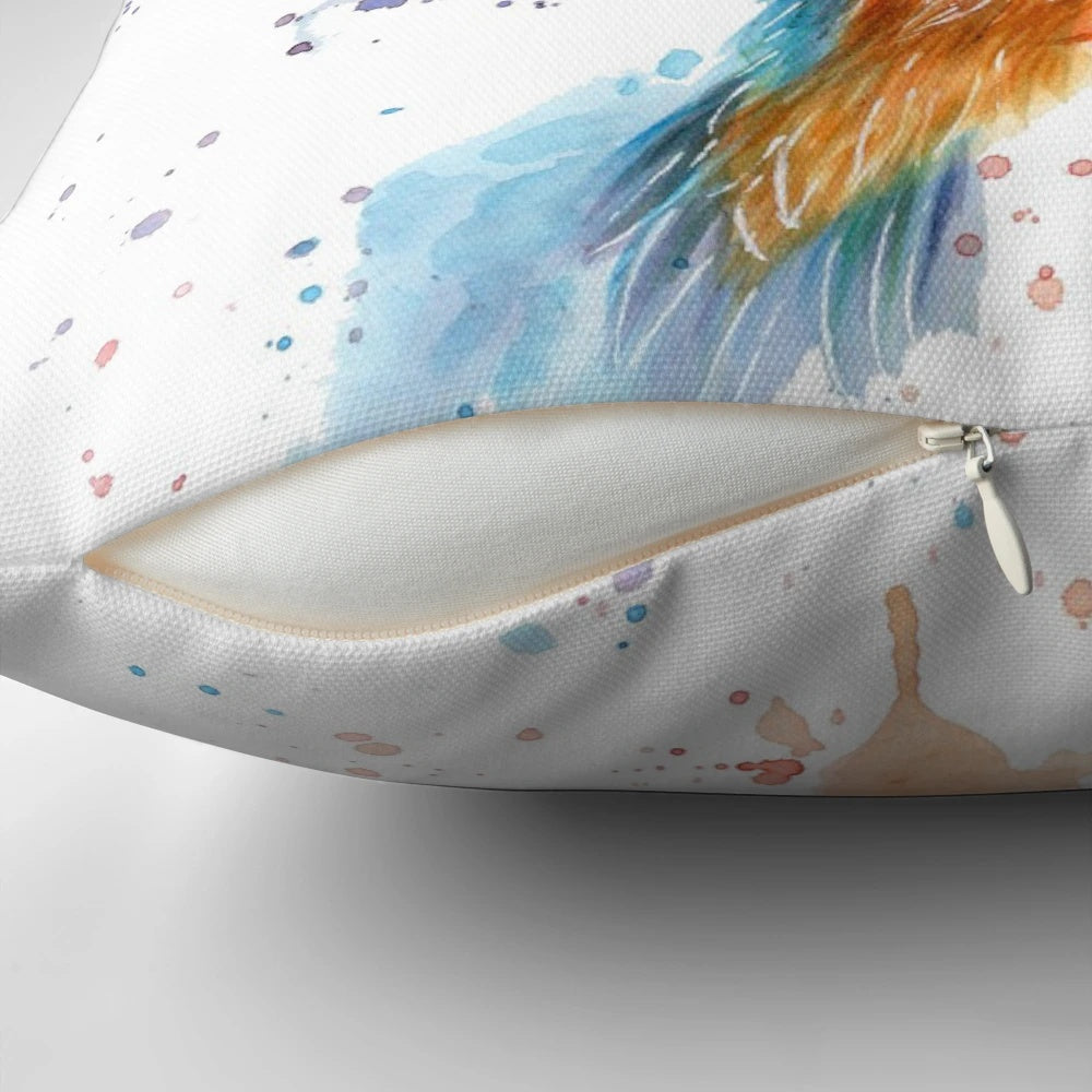 Colorful watercolor painting of a kingfisher bird on a decorative throw pillow